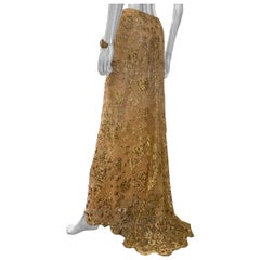 Valentino Nude Lace Skirt with Train Hand Beaded Sequins Gold Embroidery Size 8