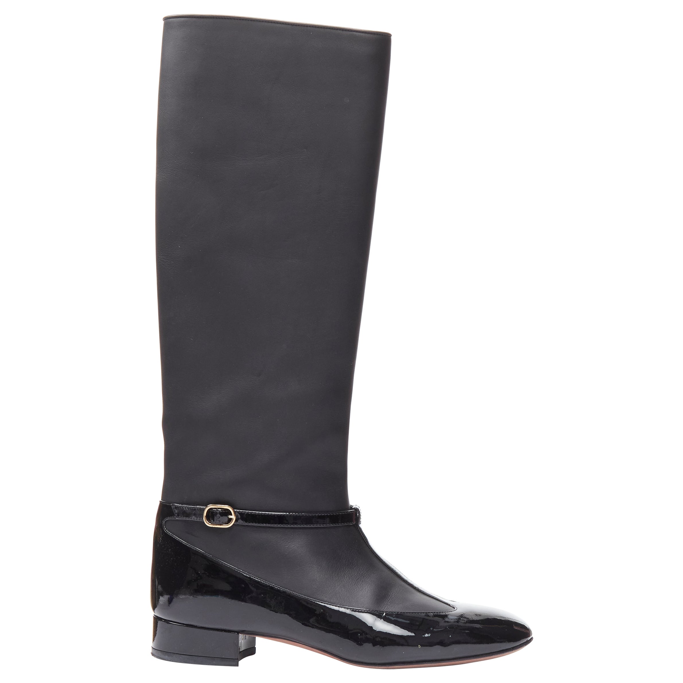 VALENTINO black patent T-strap Mary Jane leather pull on boot EU38