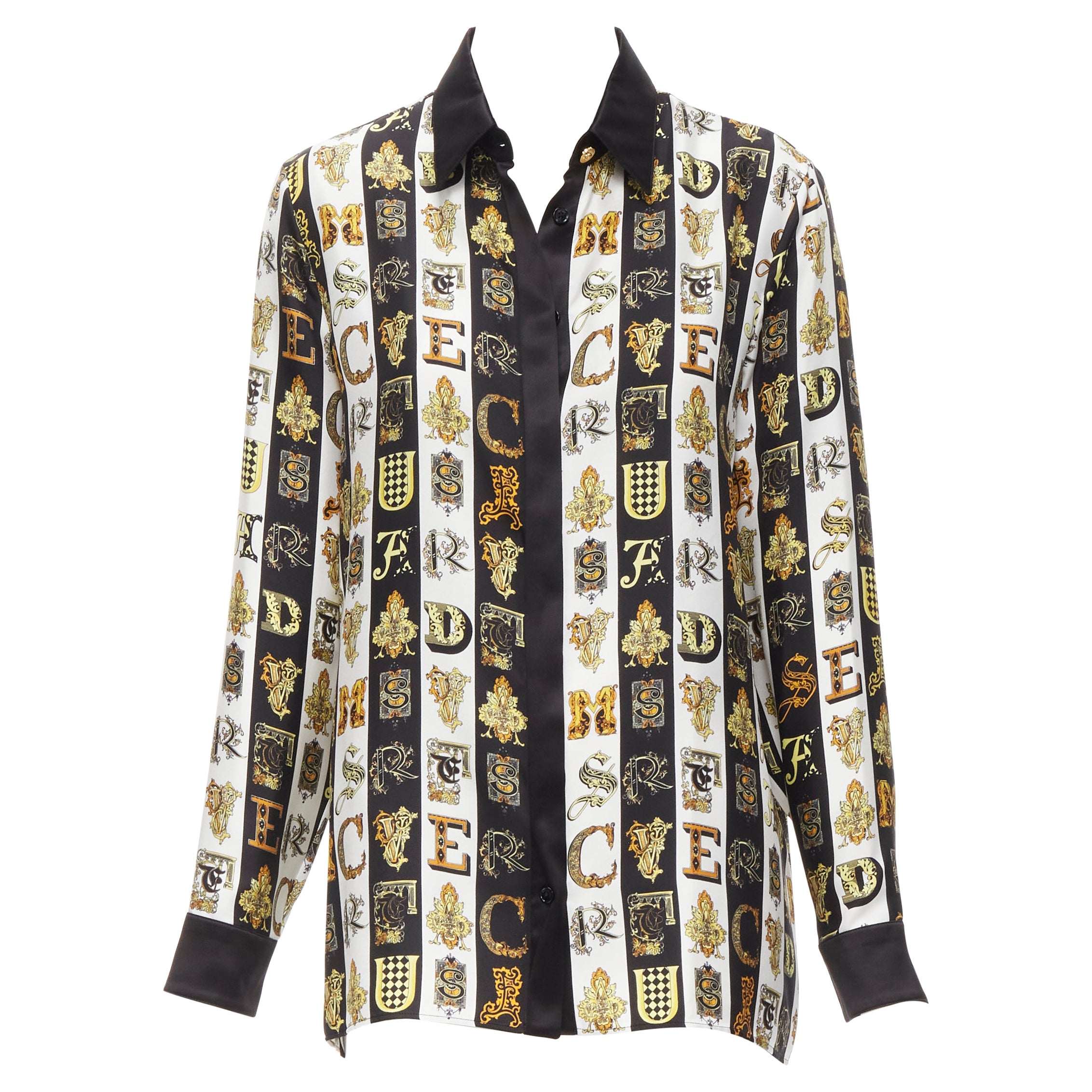 new VERSACE Virtus Alphabet black gold Barocco Medusa button silk shirt IT38 XS For Sale