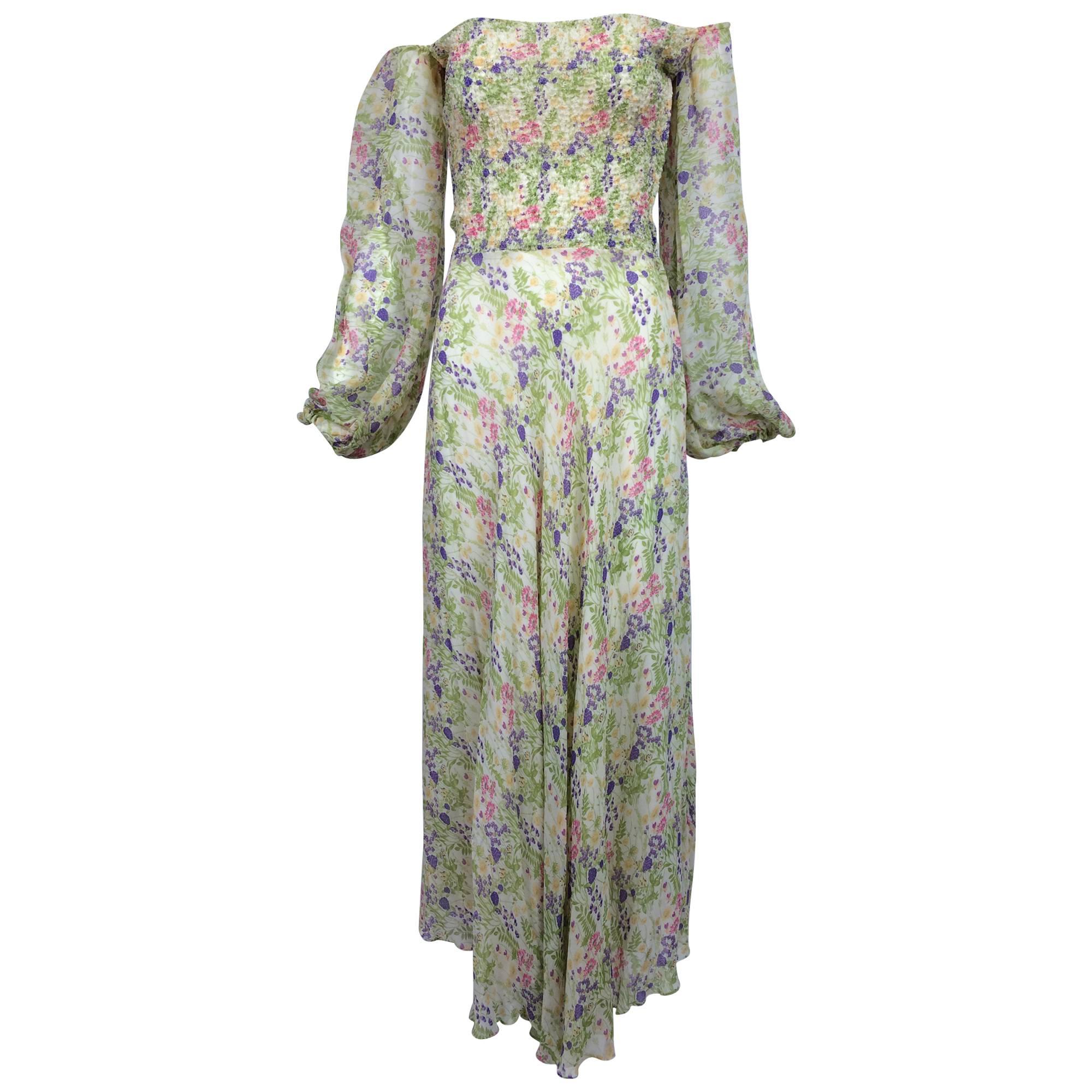 Vintage Judy Hornby London floral chiffon shirred bodice dress 1970s