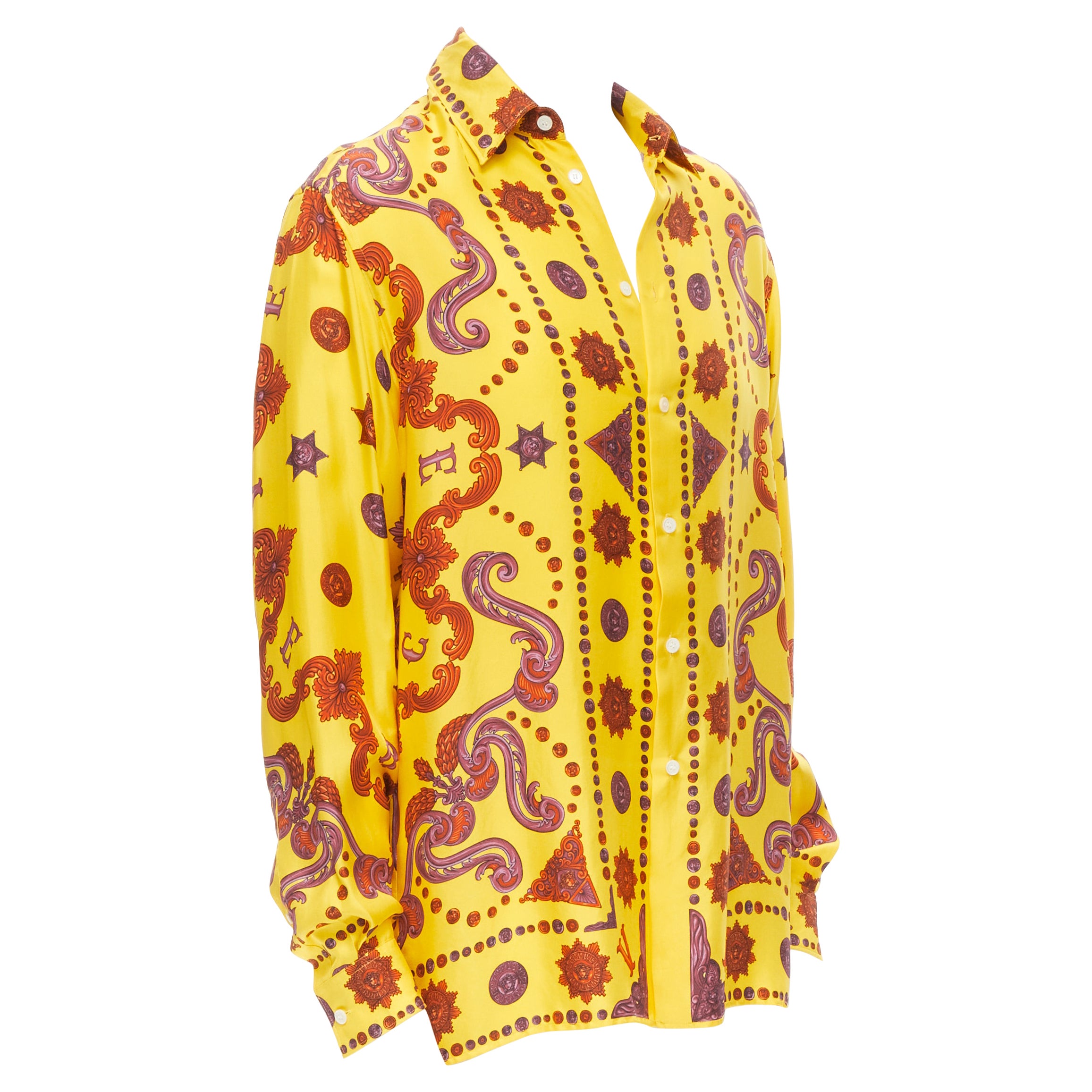 new VERSACE 2020 Runway Western Barocco 100% silk yellow red print shirt EU38 S