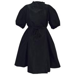 Prada Black Silk Blend Evening Swing Coat With Short Pouf Sleeves and Belt