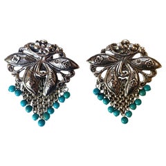 Stephen Dweck Boucles d'oreilles  franges  grande fleur en perles et turquoise en argent sterling 1988