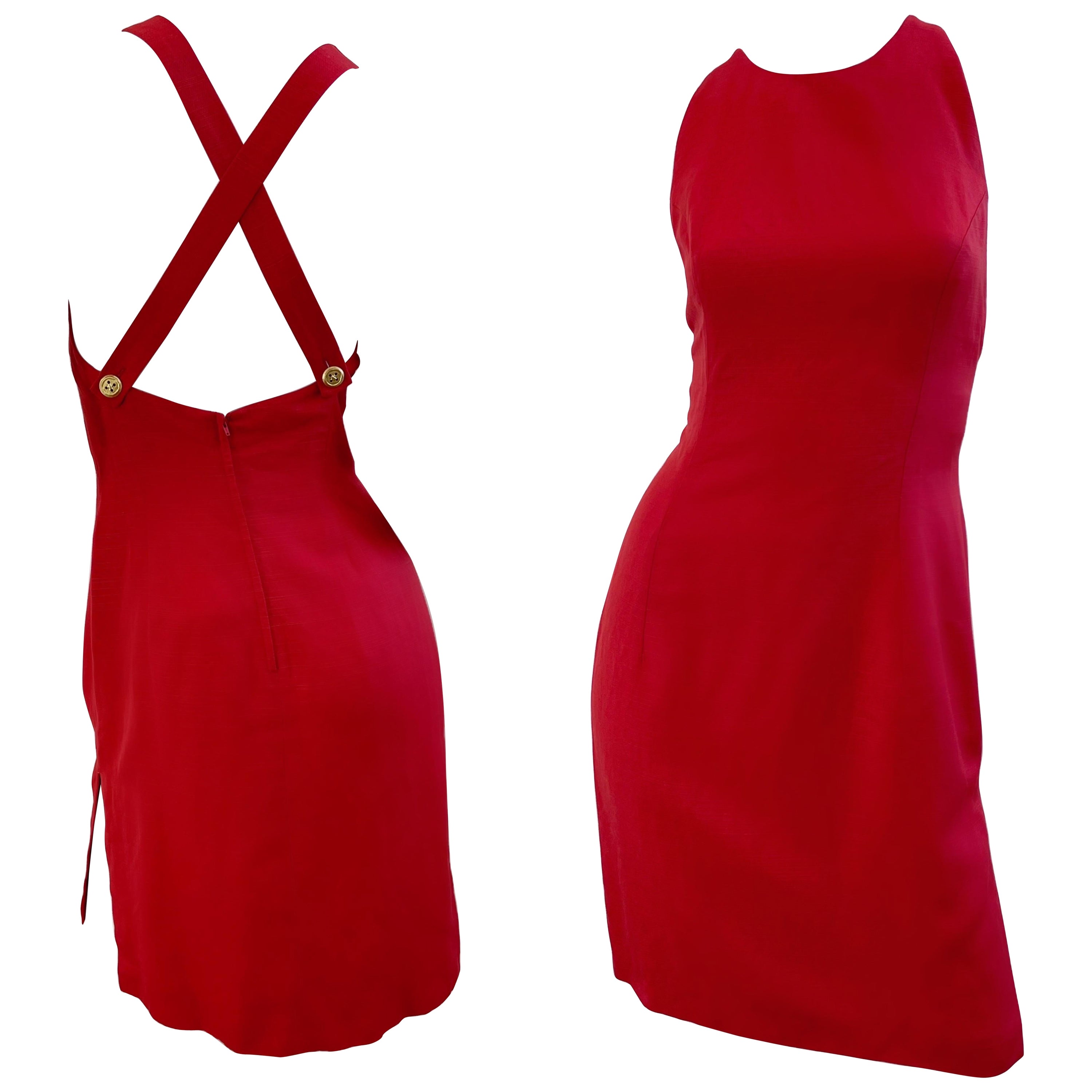 Valentino 1990s Size 4 Lipstick Red Linen + Rayon Halter Criss Cross 90s Dress