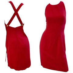 Vintage Valentino 1990s Size 4 Lipstick Red Linen + Rayon Halter Criss Cross 90s Dress