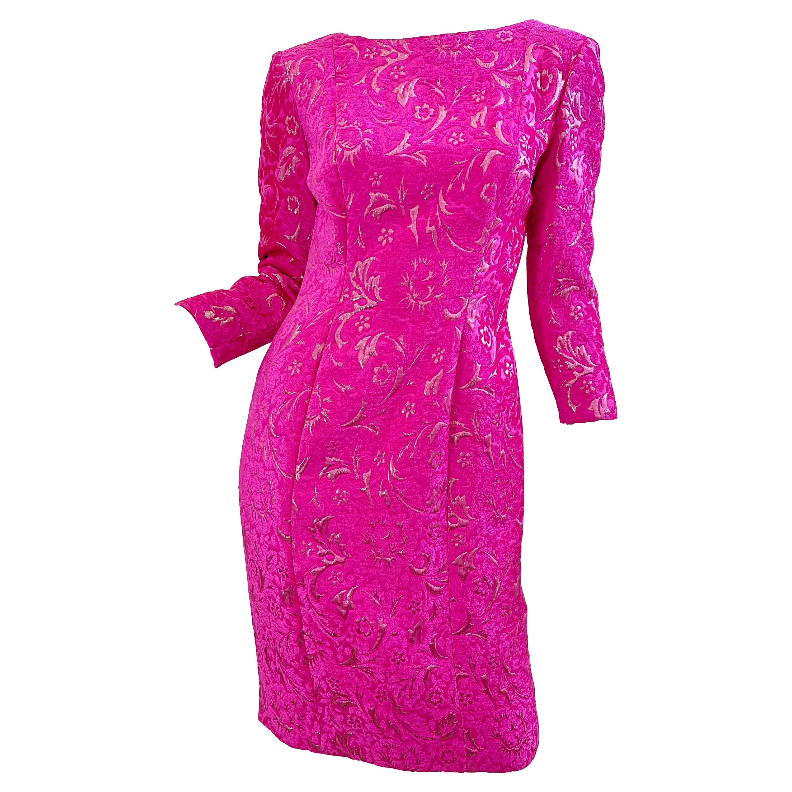 2000s Oscar de la Renta Size 6 Hot Pink Rose Gold Chenille Vintage Y2K Dress For Sale