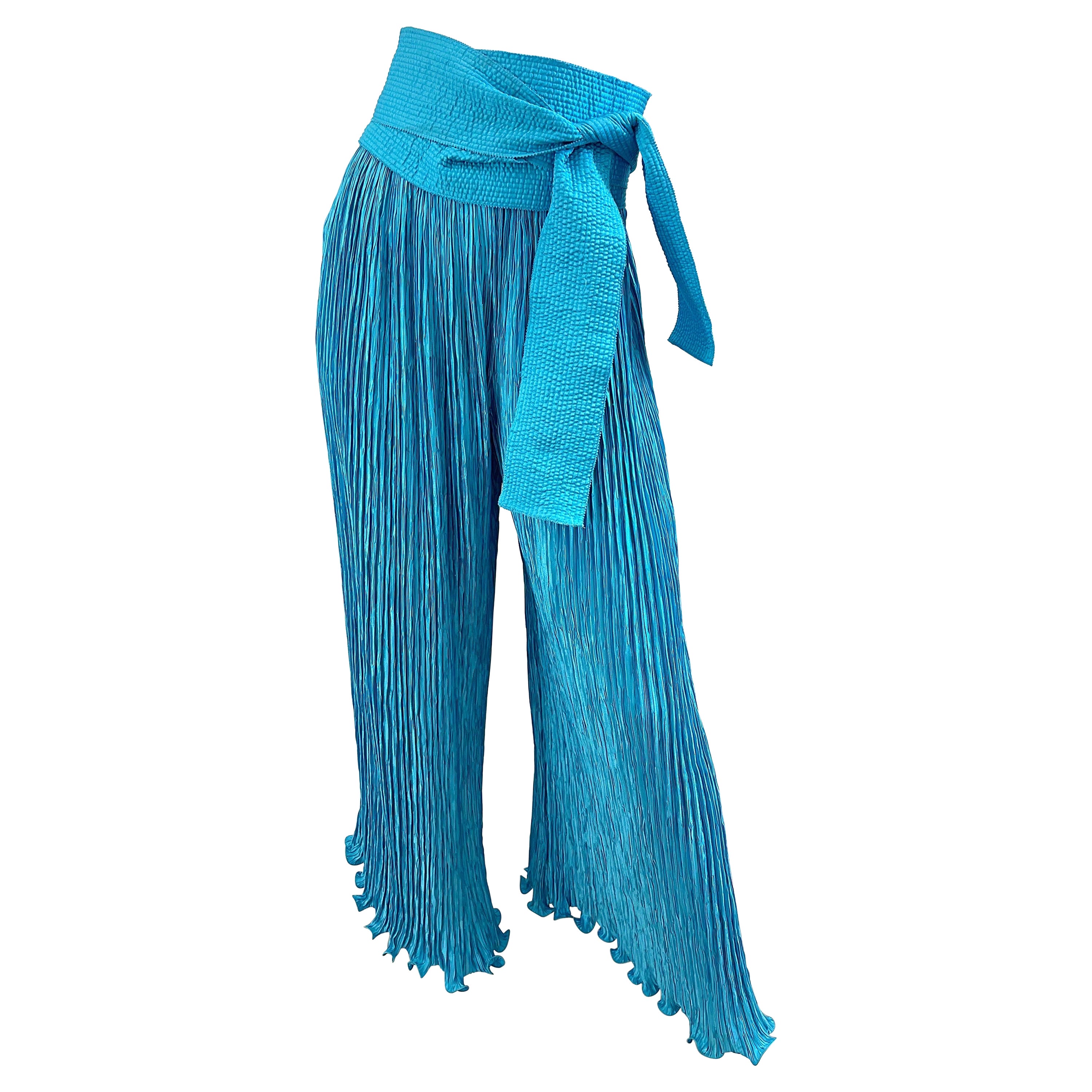 Mary McFadden Couture - Pantalon large et ceinture Palazzo bleu turquoise, vintage en vente