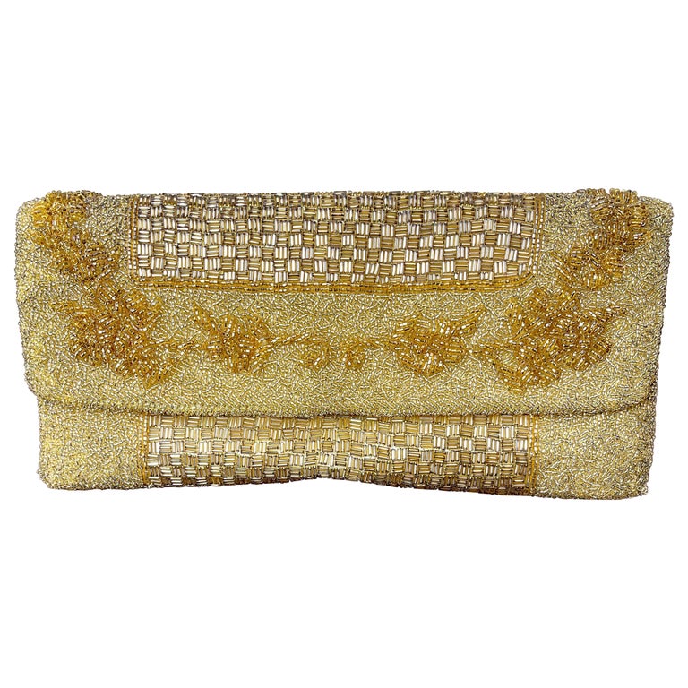 1950s Large Gold Beaded Silk Hong Kong Made Vintage 50s Evening Clutch Purse Bag For Sale