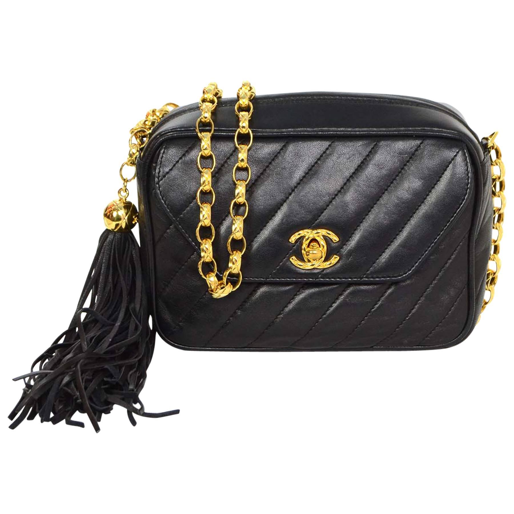 Chanel Black Diagonal Quilted Camera Crossbody Bag GHW