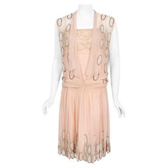 Vintage 1920's French Couture Pink Beaded Deco Dots Silk-Chiffon Flapper Dress