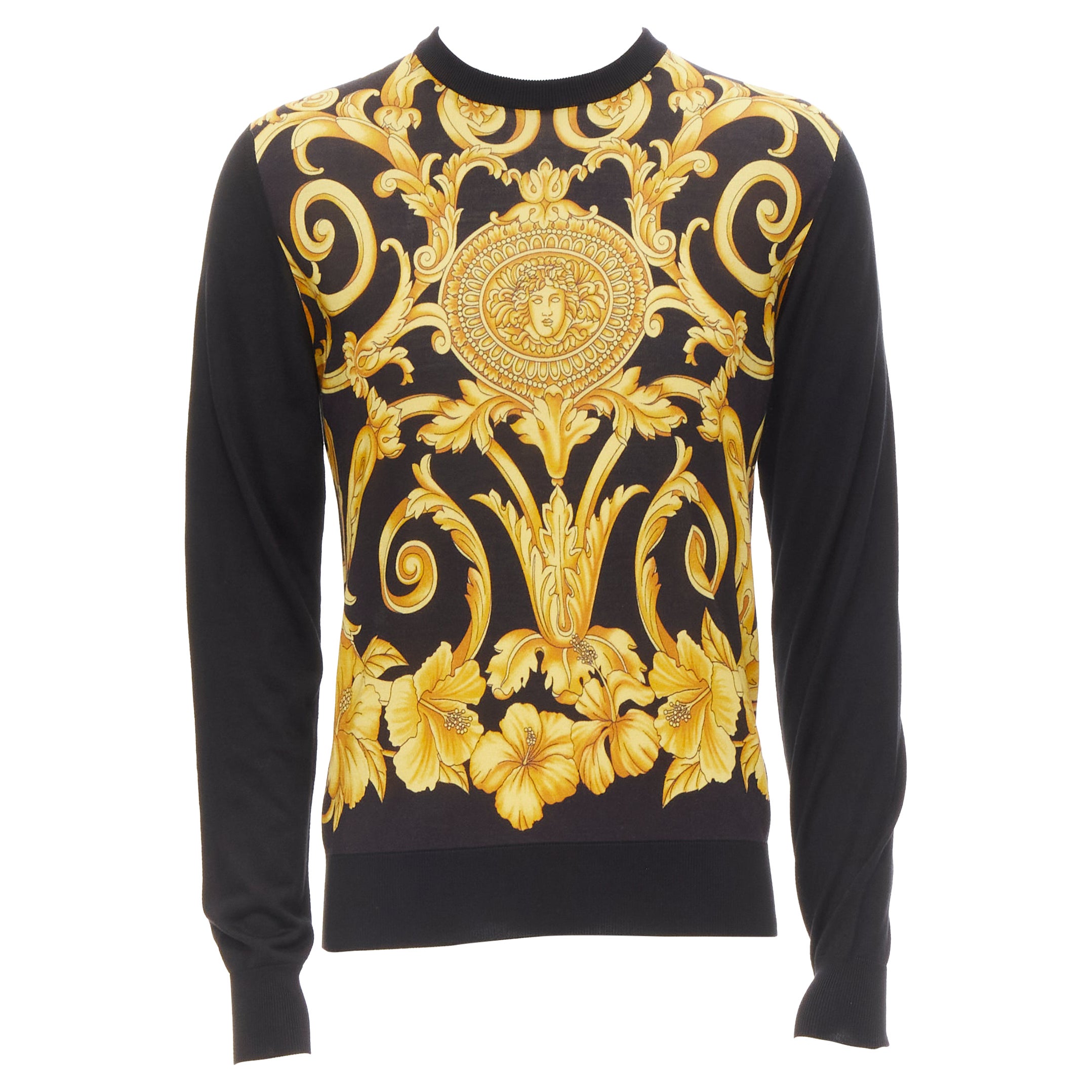 new VERSACE black gold Barocco Hibiscus Medusa 100% silk knit sweater IT48 M