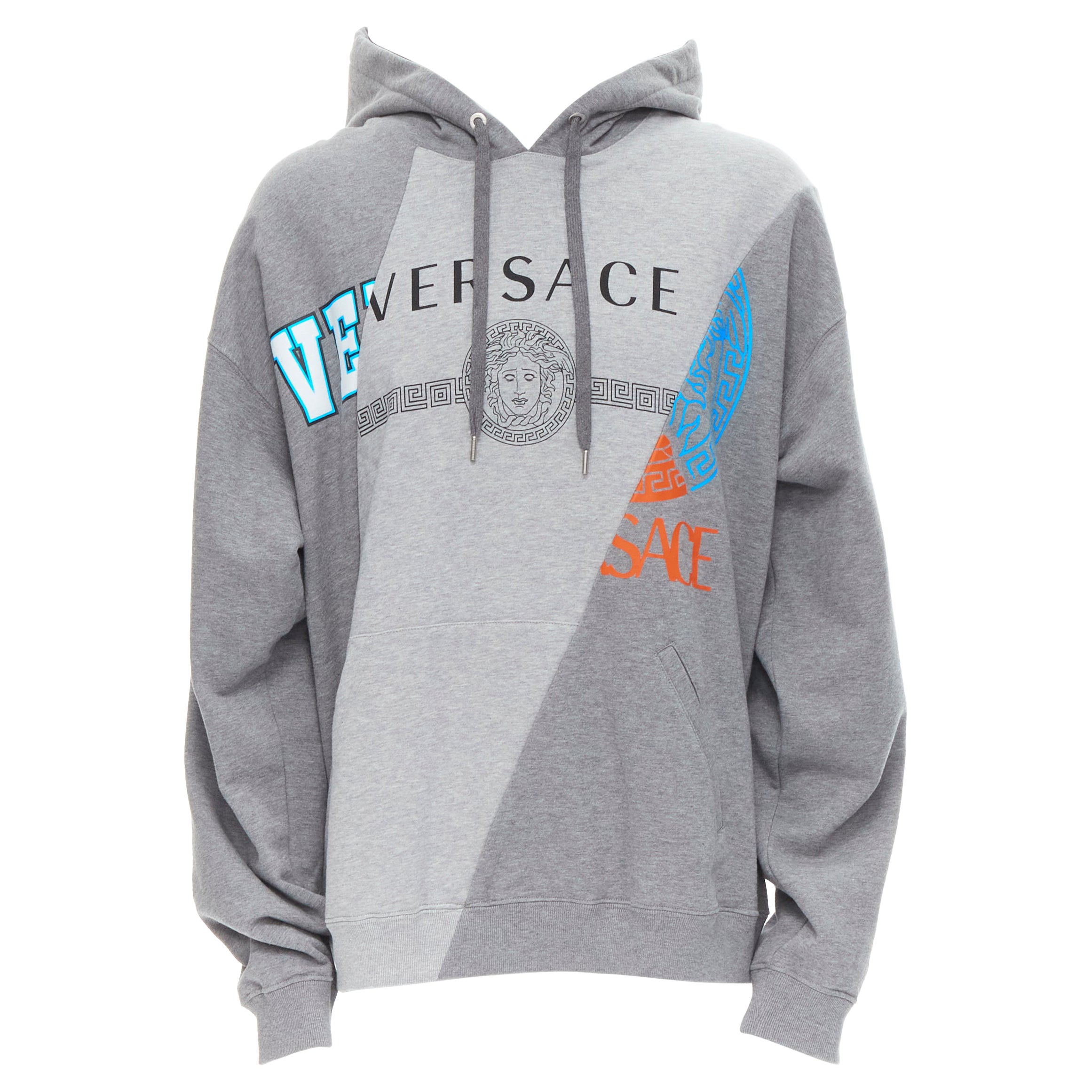 new VERSACE Compilation deconstructed mixed logo cotton hoodie grey melange XS For Sale