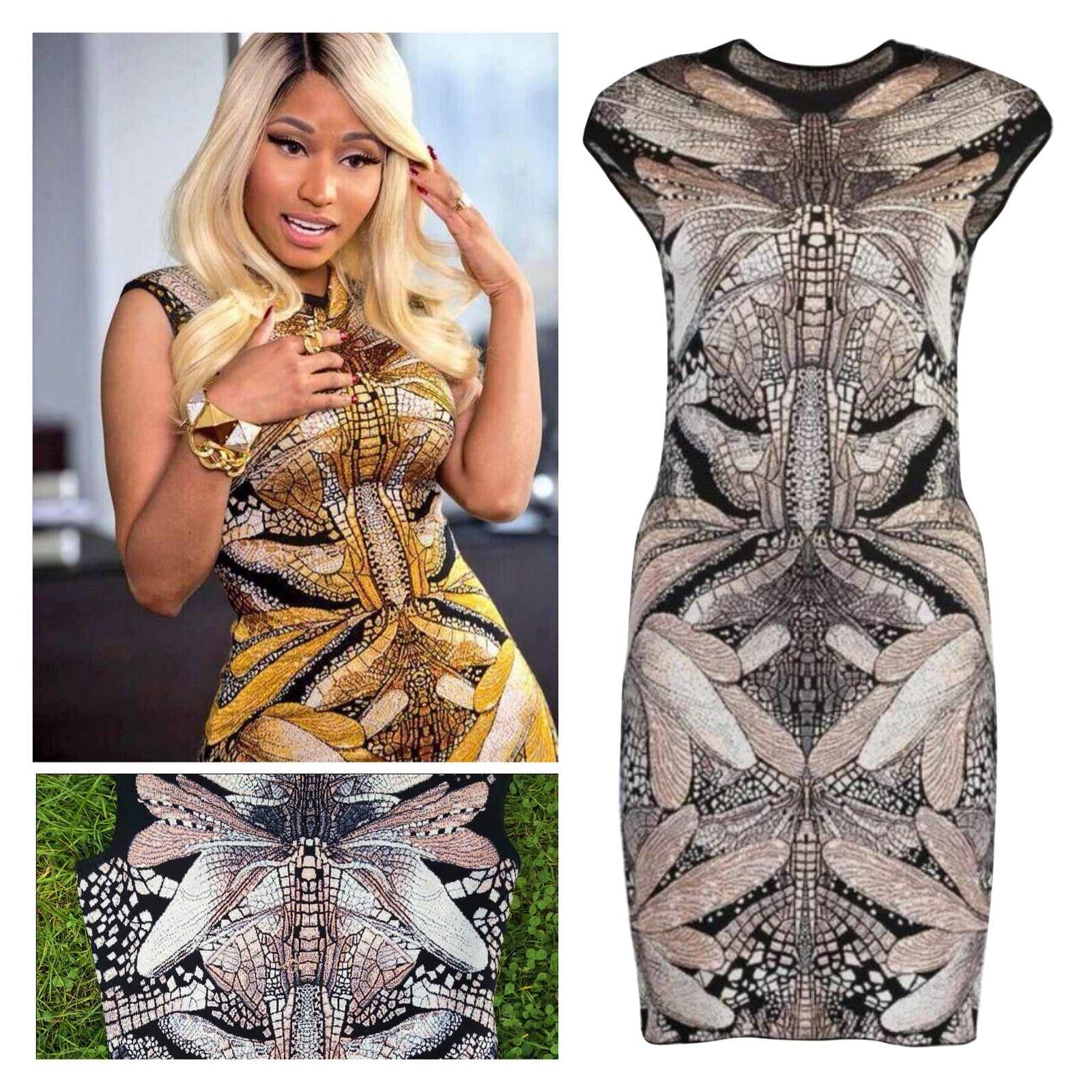 Alexander Mcqueen Dragonfly Nicki Minaj Butterfly Jacquard Gold Atlas Dress
