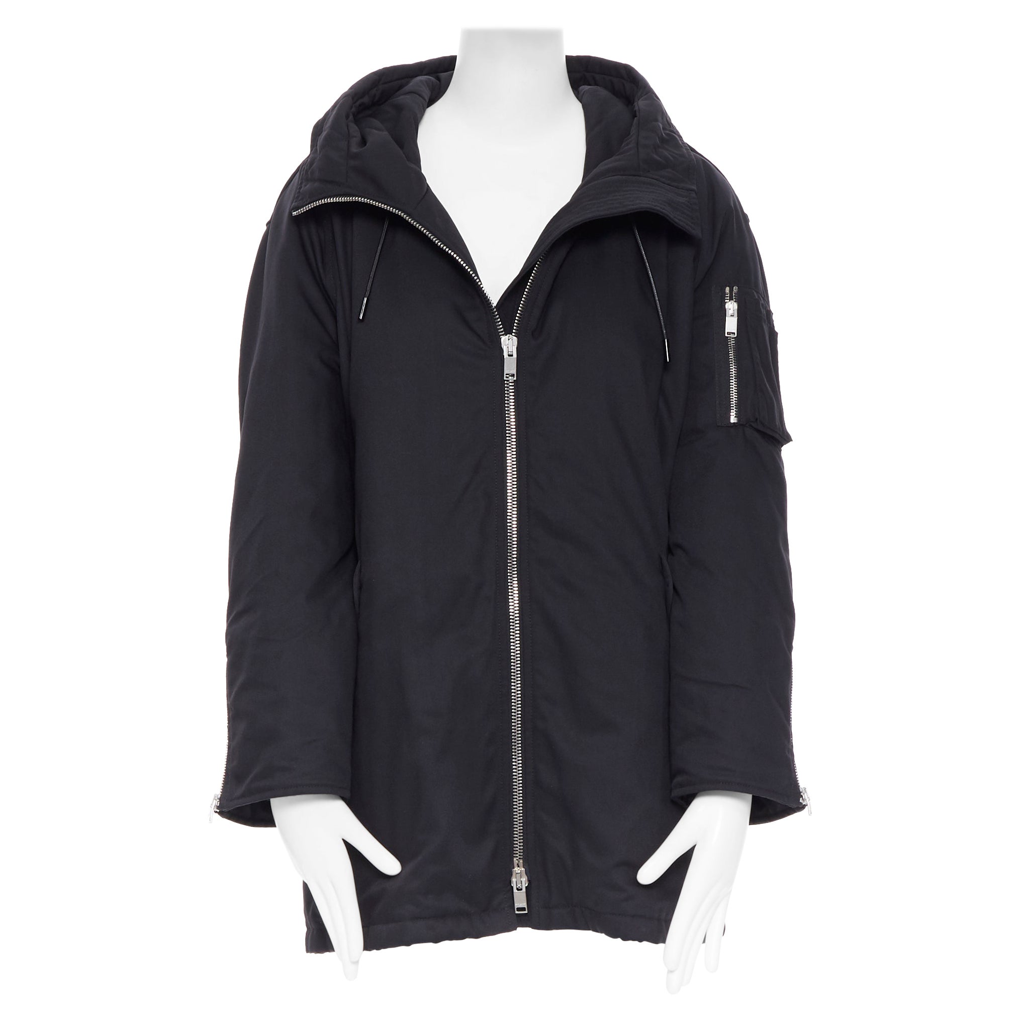 SAINT LAURENT HEDI SLIMANE 2015 black nylon zip front hooded parka coat FR36