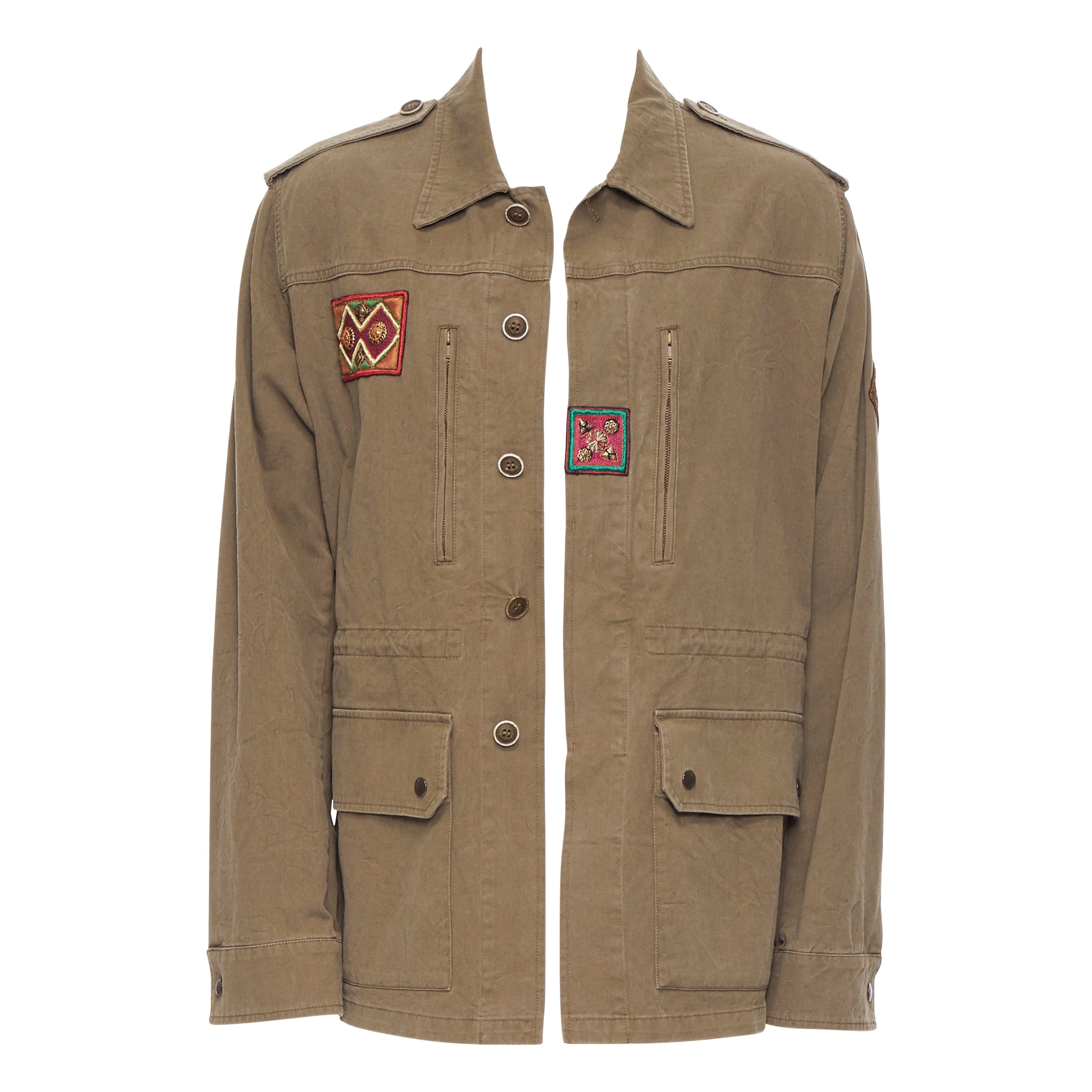 new SAINT LAURENT khaki green cotton ethnic embroidery safari coat jacket FR50 L For Sale