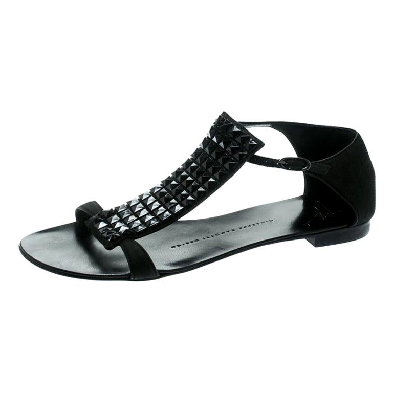 Giuseppe Zanotti Black Nubuck Leather Studded Flat Sandals Size 35 For Sale