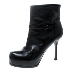 Saint Laurent Paris Black Leather Platform Ankle Boots Size 40.5