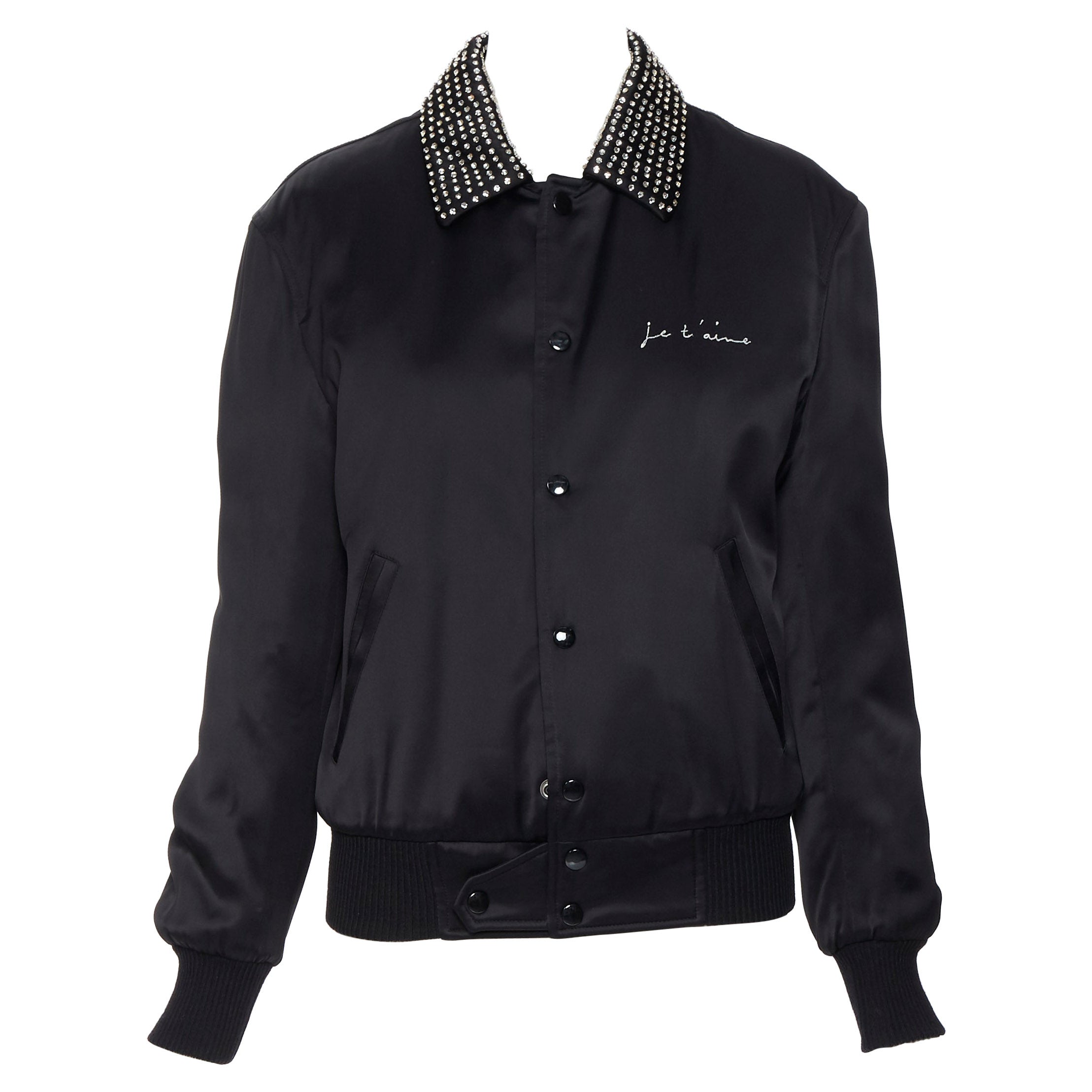 new SAINT LAURENT Je T'aime Teddy black satin crystal collar bomber jacket FR34 For Sale