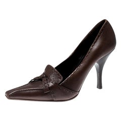 Used Prada Brown Leather Top Stitch Pointed Toe Pumps Size 36.5