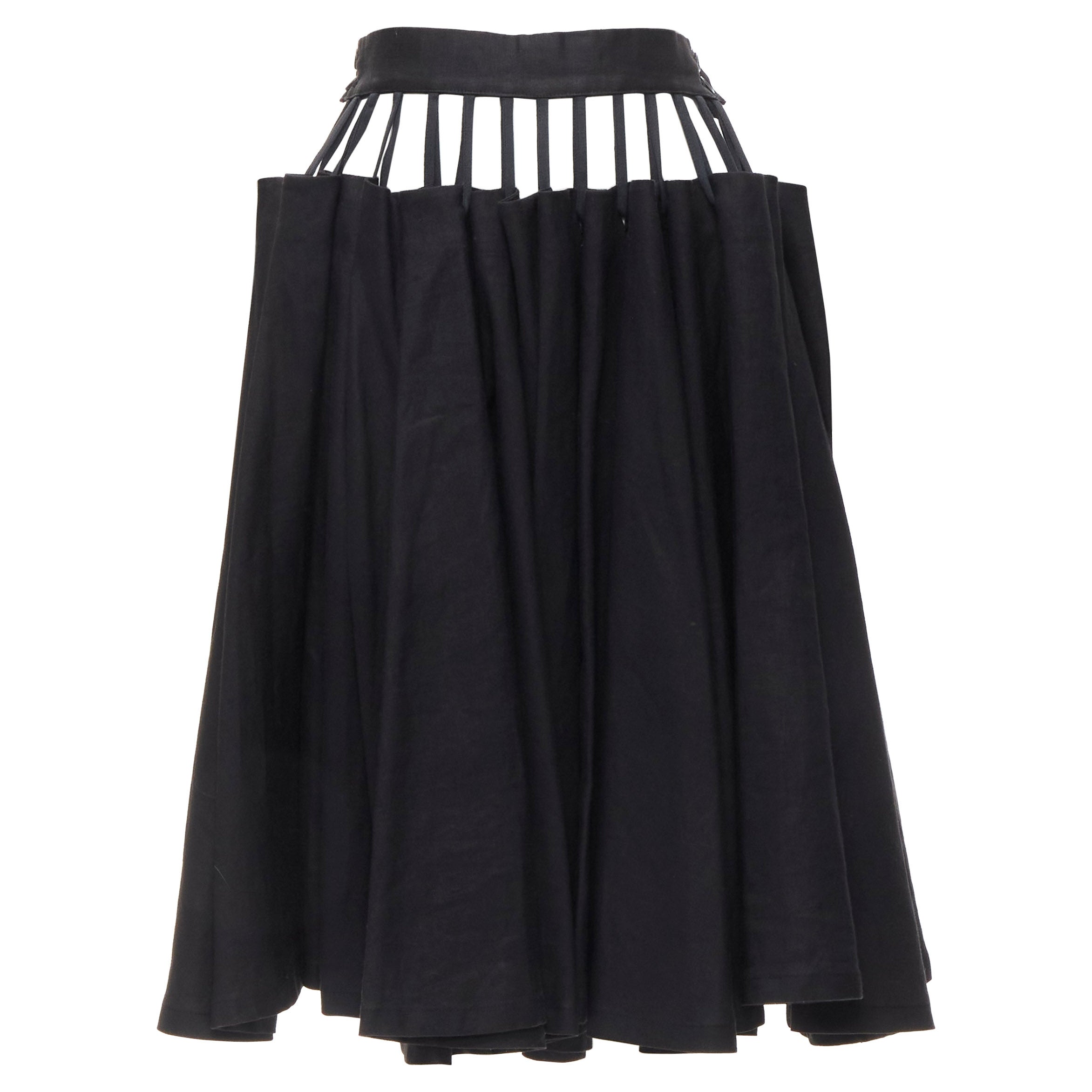 YOHJI YAMAMOTO Vintage black cotton suspended waist cut out flared midi skirt S