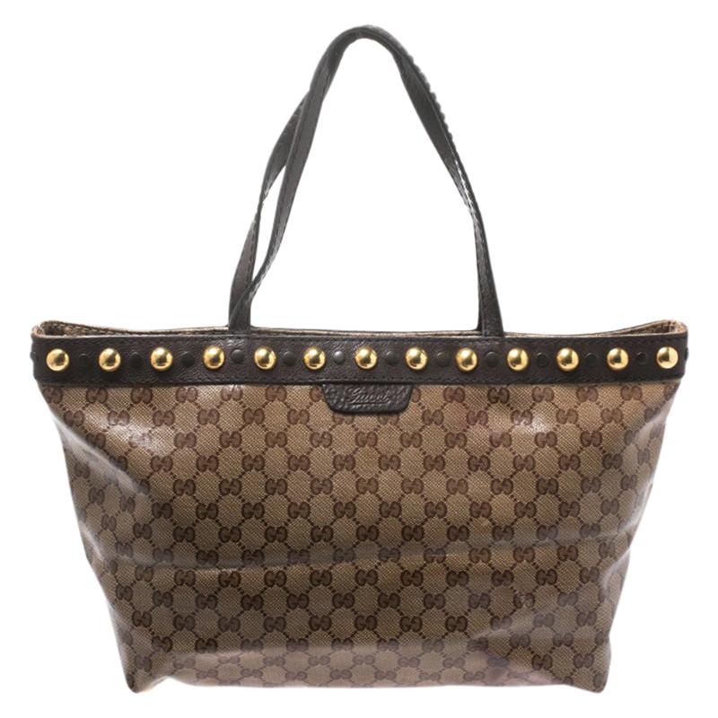 Gucci Beige/Ebony GG Crystal Canvas and Leather Medium Babouska Tote For Sale