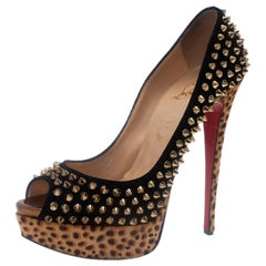Christian Louboutin Black Suede Leopard Pony Hair Lady Peep Spikes Pumps Size 39