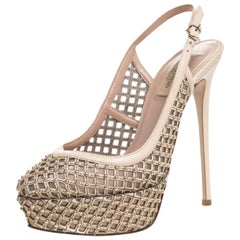 Valentino Beige Lattice Leather And Mesh Studded Slingback Sandals Size 38