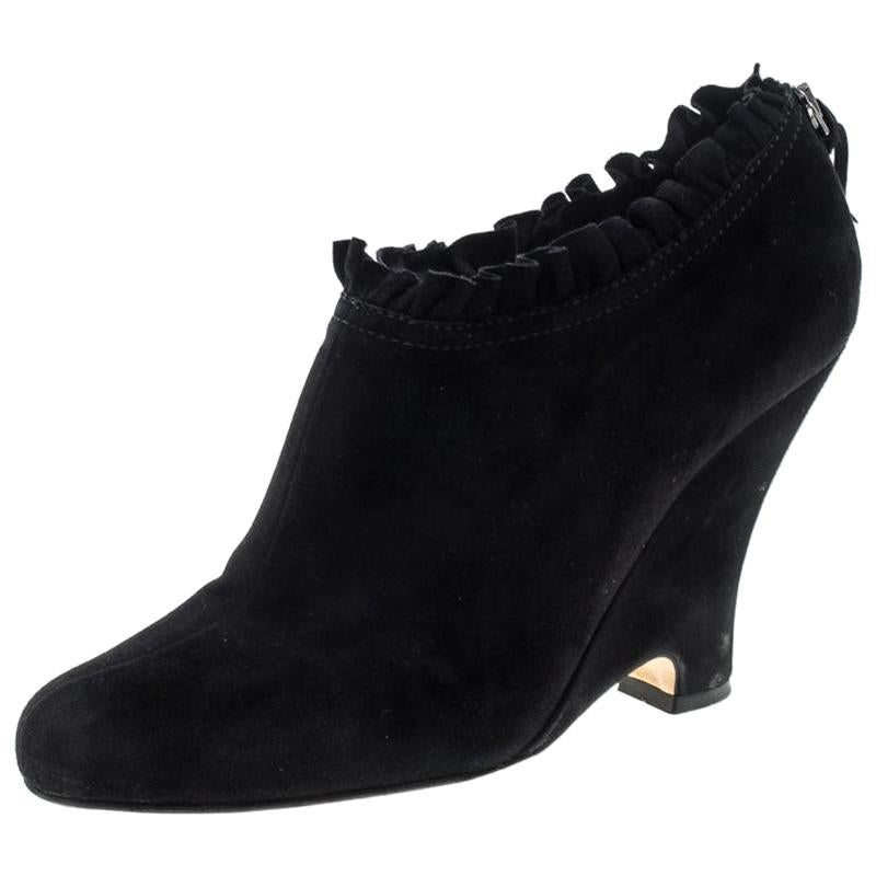 Miu Miu Black Suede Pleated Trim Ankle Boots Size 41 For Sale