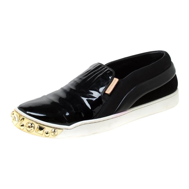 Louis Vuitton Black Patent Leather and Suede Studded Slip On Sneakers Size 36.5 For Sale