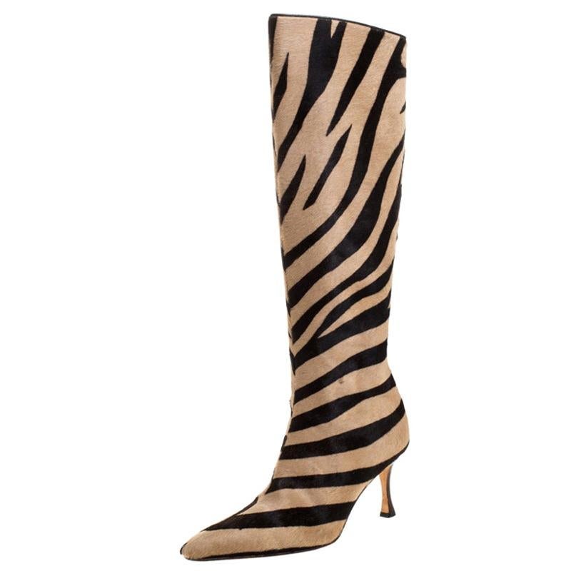 Manolo Blahnik Brown/Beige Calf Hair Leopard Print Knee Length Boots Size 36