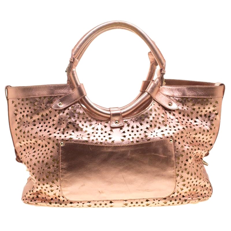 Jimmy Choo Metallic Rose Gold Leather Laser Cut Out Open Tote For Sale
