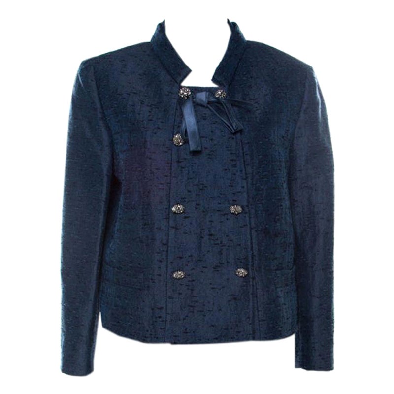 Valentino Blue Silk Jacquard Box Fit Cropped Jacket L For Sale