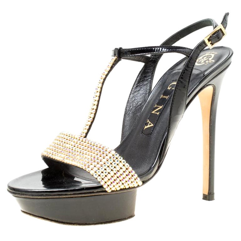Gina Black Patent Leather Crystal Embellished Platform Sandals Size 37 For Sale