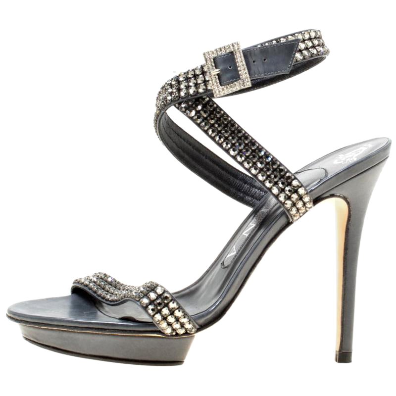 Gina Dark Grey Crystal Embellished Leather Cross Ankle Strap Sandals Size 37 For Sale