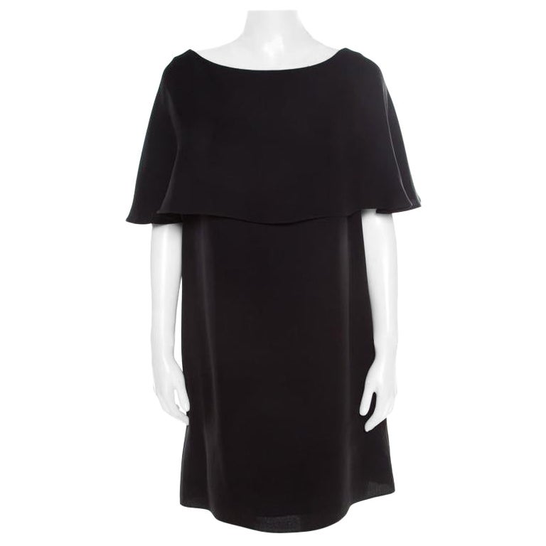 Valentino Black Crepe Silk Cape Overlay Shift Dress M For Sale