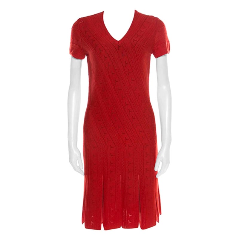 Roberto Cavalli Red Crochet Knit V Neck Godet Dress M For Sale