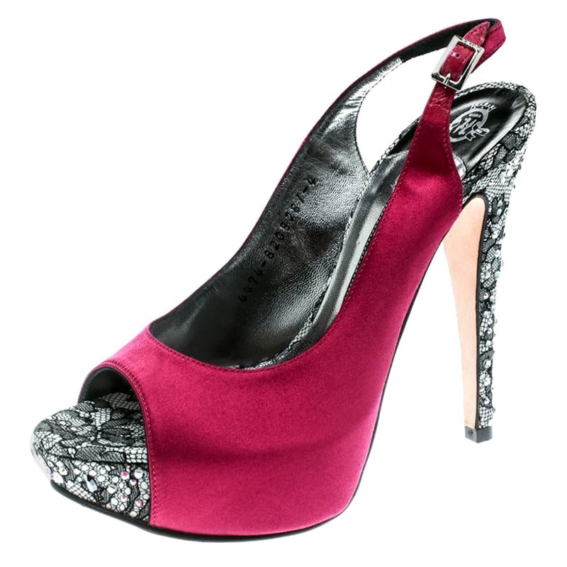 Gina Purple Satin Crystal Embellished Heel Peep Toe Slingback Sandals Size 37 For Sale
