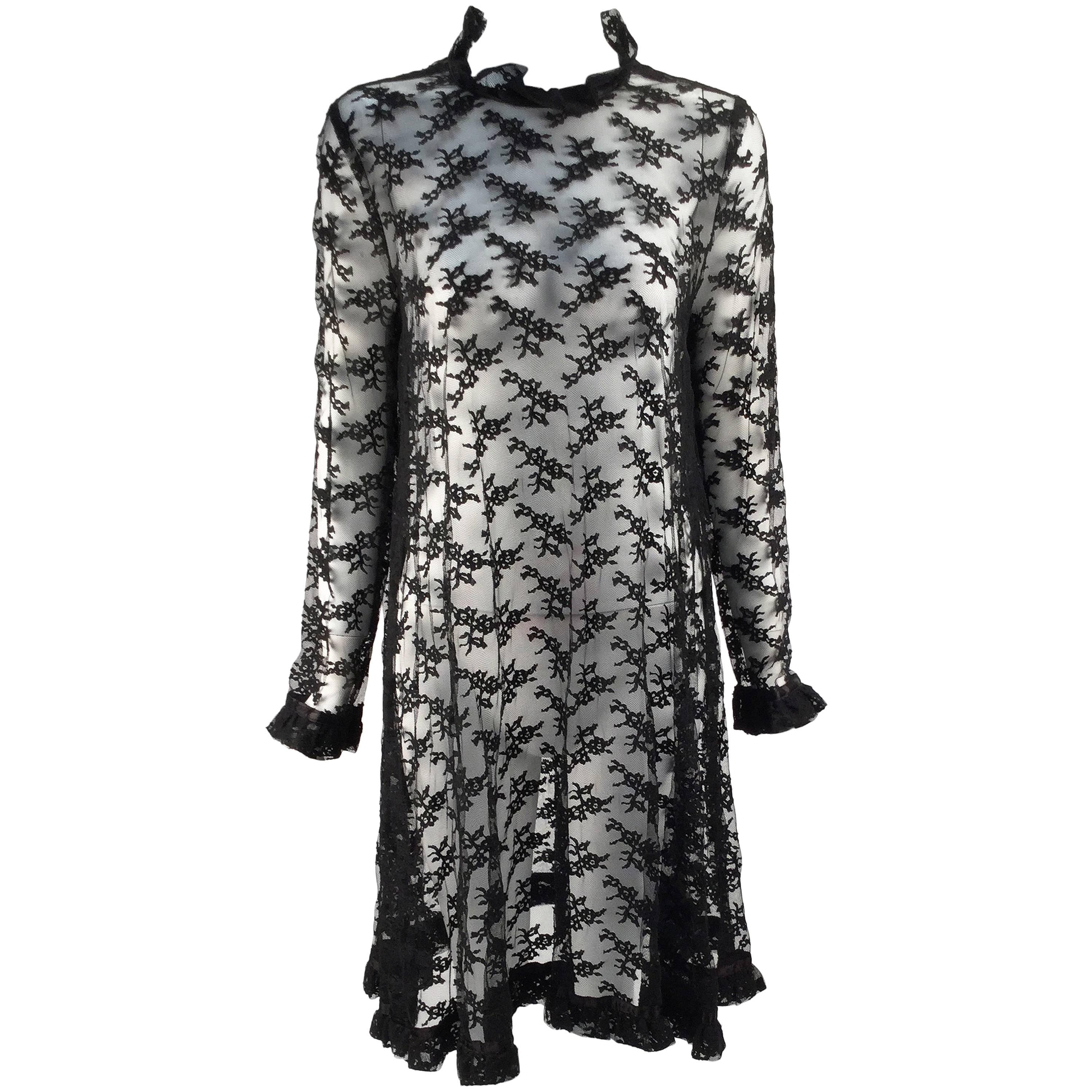Black Chantilly Lace Custom Vintage Knee Length Dress, 1960s  