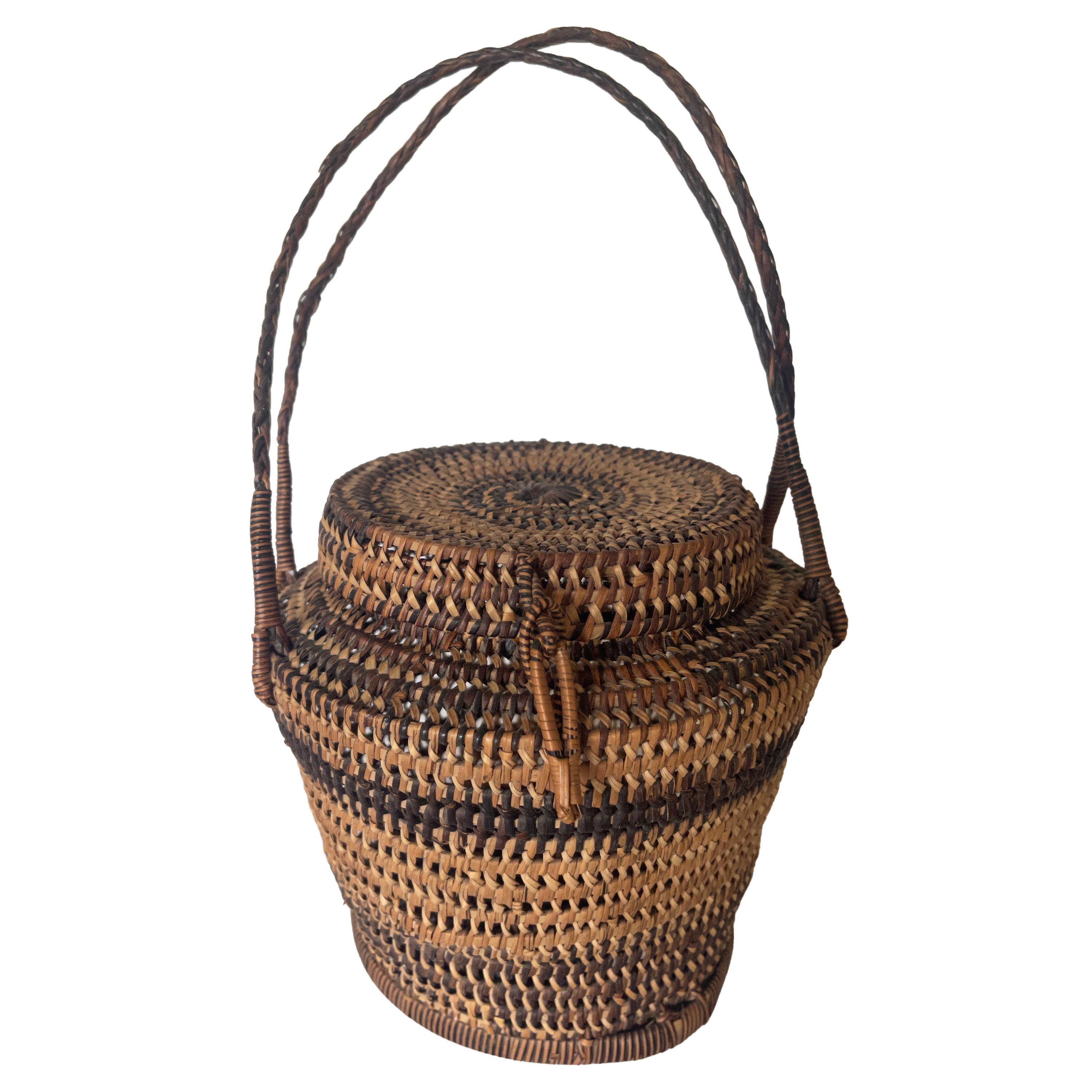 1930's Hand Woven Fish Basket Purse Bucket Bag For Sale
