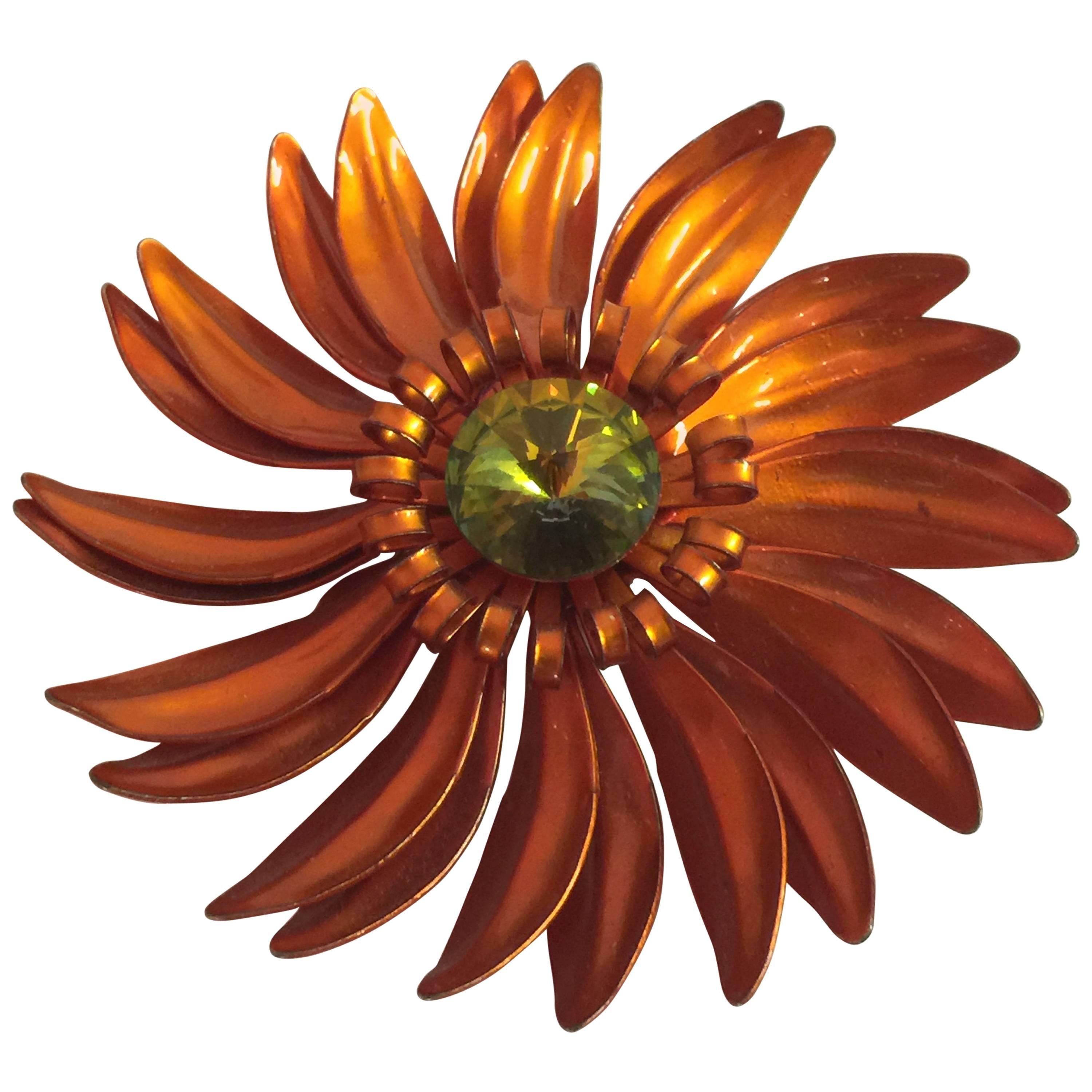 1960s Fab Orange Enameled Metal Flower Pin Brooch with Center Vitrail Stone For Sale
