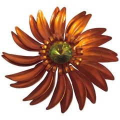 1960s Fab Orange Enameled Metal Flower Pin Brooch with Center Vitrail Stone