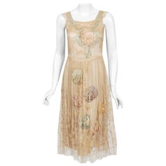Vintage 1920's Martha Weathered Couture Pastel Silk Rosettes Filet Lace Dress