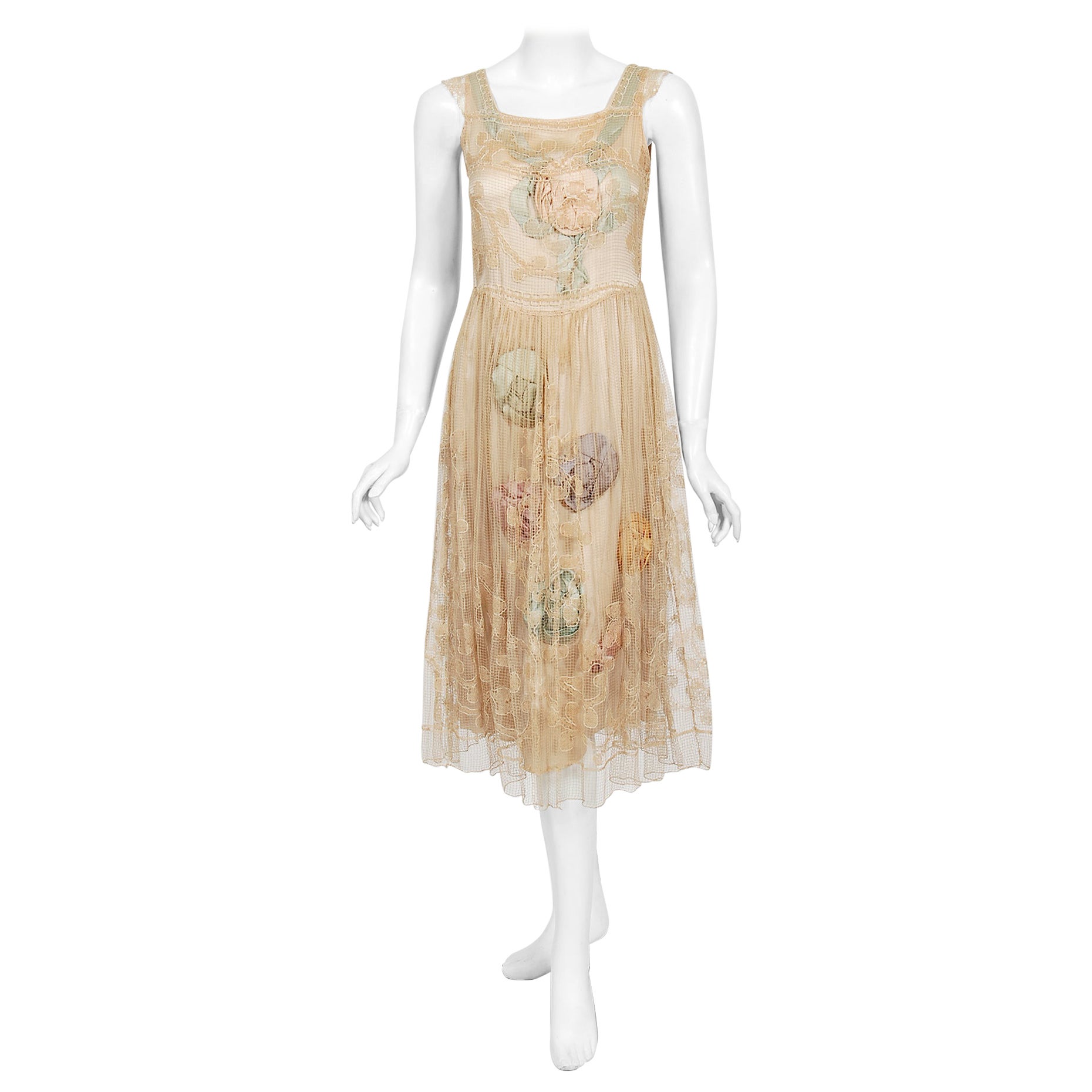 1920's Martha Weathered Couture Pastel Silk Rosettes Filet Lace Flapper Dress For Sale