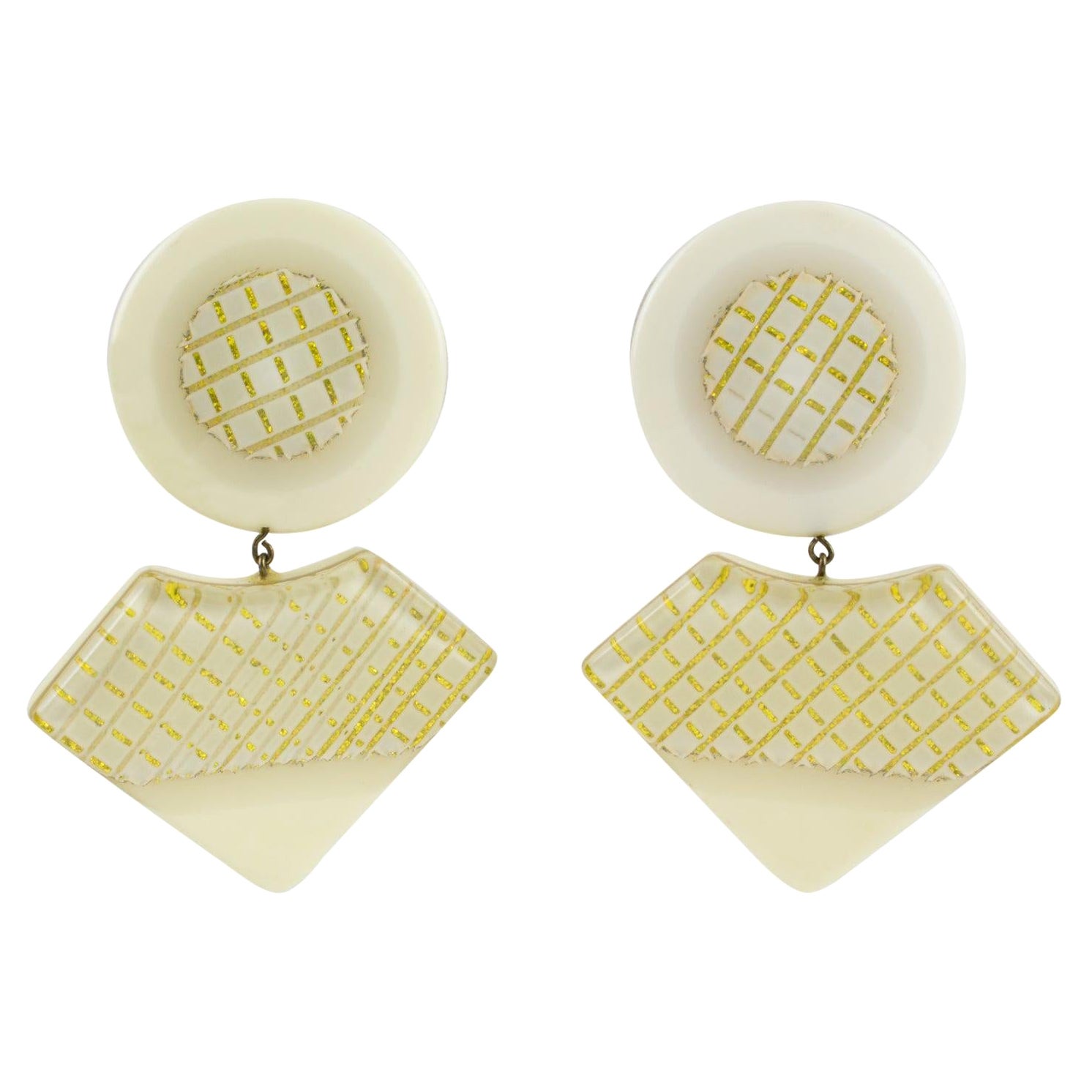 Gilt and Cream Lucite Dangle Clip Earrings with Geometric Design For Sale