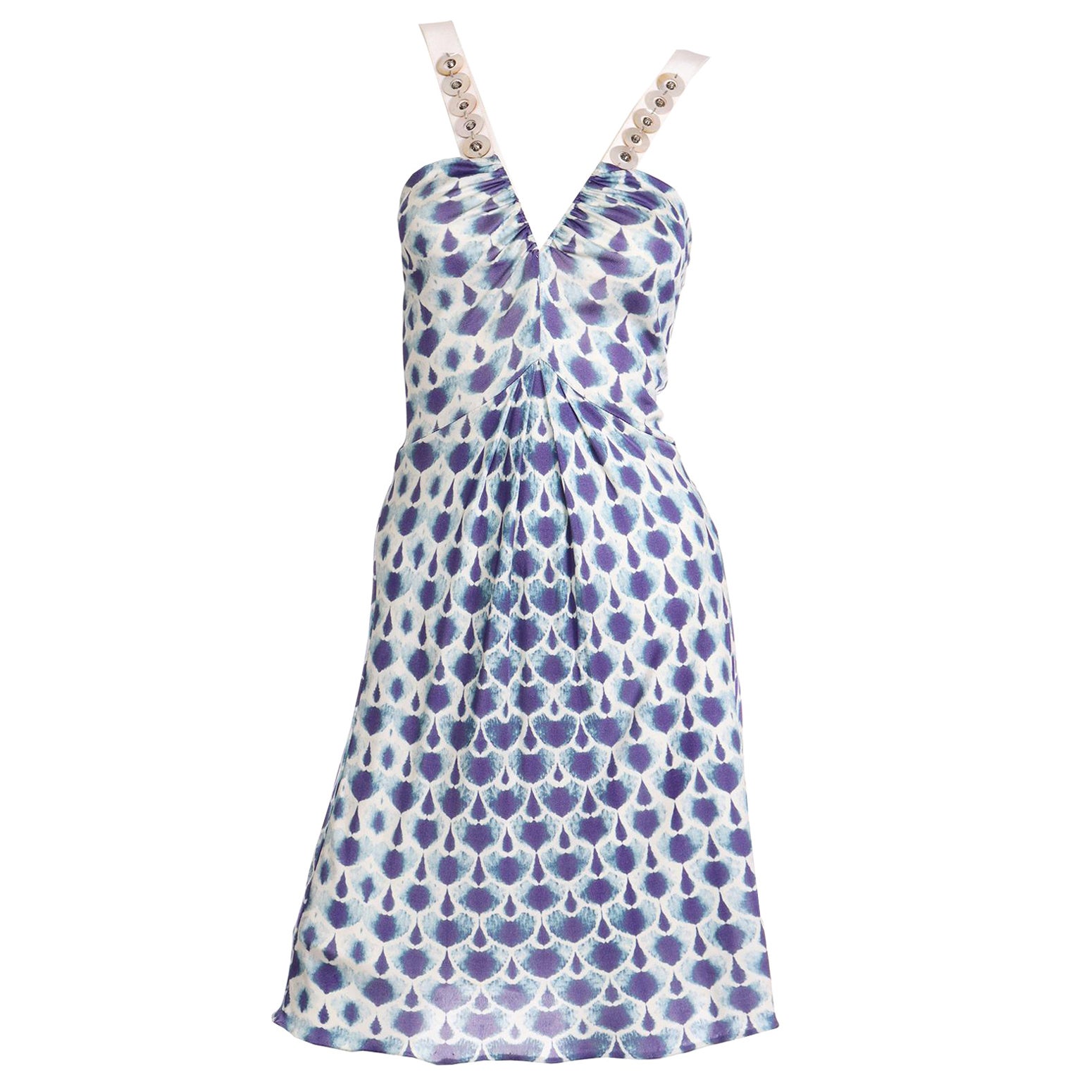 Alberta Ferretti Vintage Early 2000s Blue and White Low V Dress W Shell Details