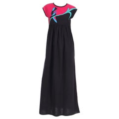 Vintage Oscar de la Renta Black & Pink Summer Cotton Maxi Dress W Bird Applique