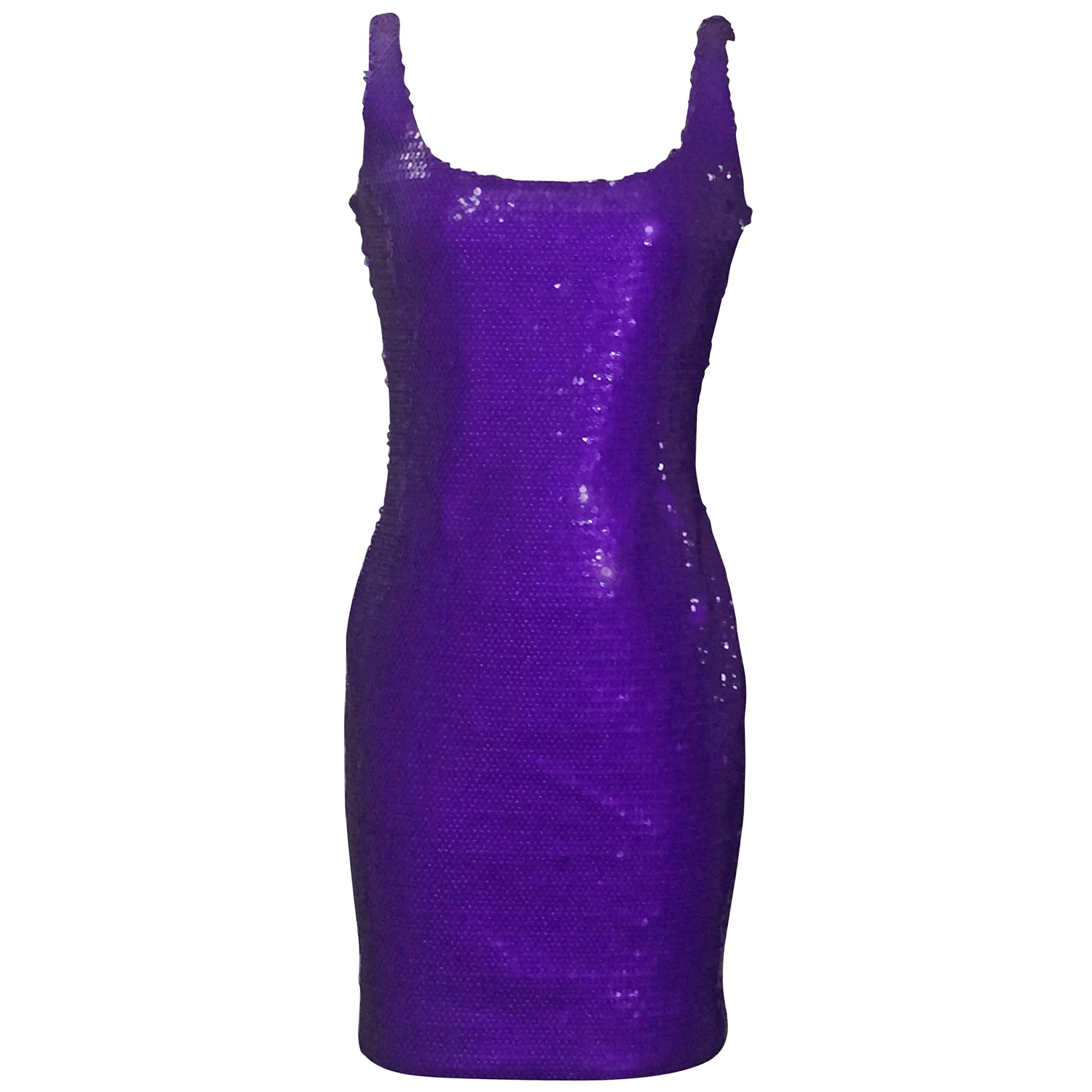 Stephen Sprouse Vintage 1980s Purple Sequin Bodycon Wiggle Dress