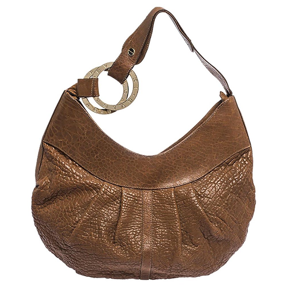 Bvlgari Brown Pleated Leather Hobo For Sale