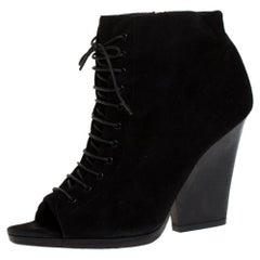 Used Burberry Black Suede Peep Toe Lace Up Booties Size 39