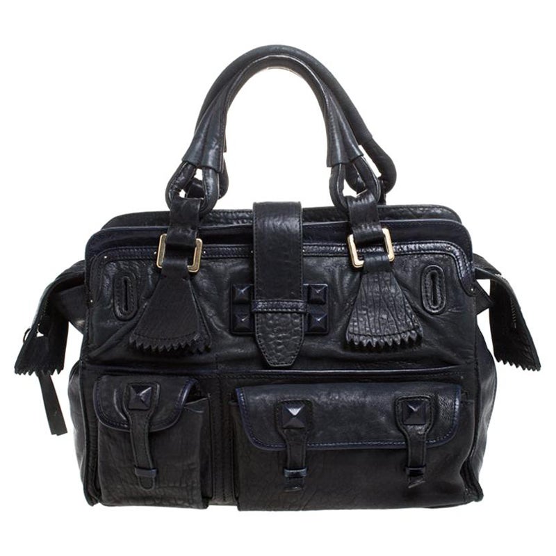 Chloe Midnight Blue Leather Front Pocket Tote For Sale